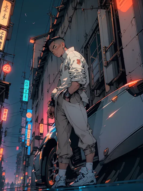 a boy in front of a sports car, city at night, japanese style, anime style, 8k, detailed, photorealistic, vibrant colors, dramatic lighting, atmospheric, cinematic, intricate background, complex architecture, clean lines, futuristic elements