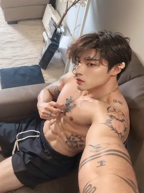 arafed man with tattoos on his chest and chest sitting on a couch, south korean man, 2-1 year old Korean muscular boy, who is siwoo, Jinyoung Shin, Hong Jun Hyung, hyung tae, Tae June Kim, hyung tae kim, with abdomen, Wonbin Lee, wearing no shirt, asian ma...