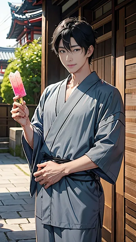 Japanese men、Black Hair、Short Hair、handsome man、30 years old、Handsome、Height: 180 cm、Wearing a gray yukata、Holding an ice lolly in his hand。Smiling and laughing、Two on the cheek、There are three drops of sweat、