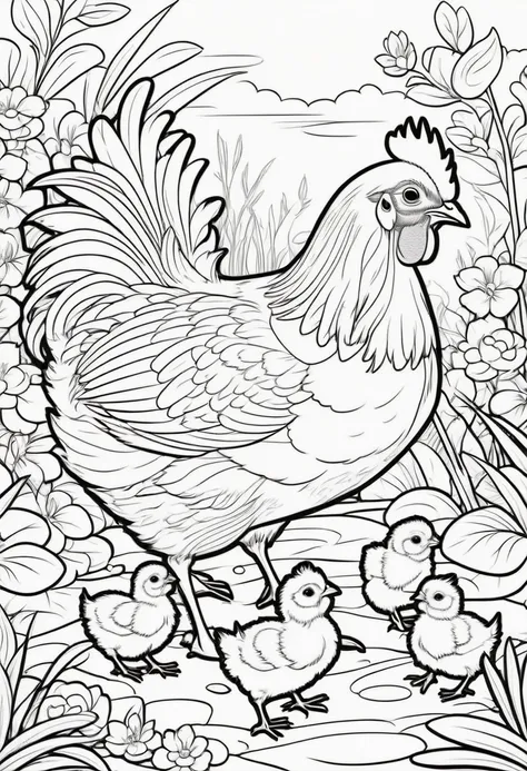 coloring page for kids, Hen with chicks pecking at the ground, cartoon style, thick lines