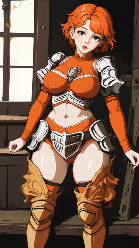 funger, very detailed illustration, 1girl, big breasts, highres, high quality, masterpiece, looking at viewer, (knight), orange hair, absurdres, ultra-detailed, short hair, full body, wide hips, 