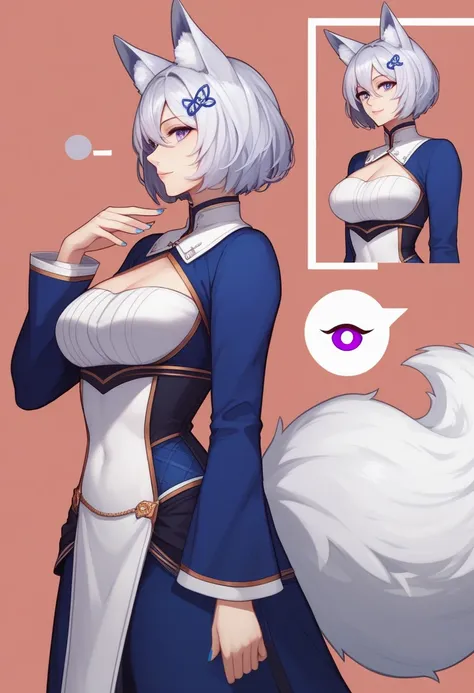 (masterpiece, best quality:1.2)((silver white hair))((violet eyes)),solo,1girl,((eyes tilted outwards)), ((standing_fox_ears)),((fluffy_fox_tail)), milf ,averting_eyes,hair_between_eyes,basic_blue_hairpin,blue_nail_polish,bob_hair,short_hair, (medium breas...