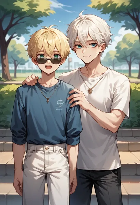 Young man with white hair and blue eyes, wearing dark sunglasses, next to a blonde girl with green eyes without glasses, hugged, happy couple, with park background, Modern clothing.