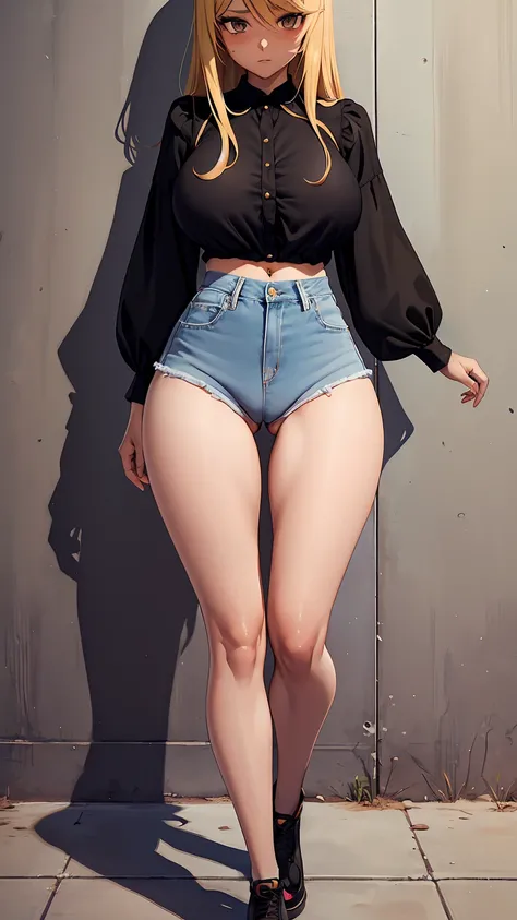 1girl, anime girl, anime, (dark skin), 2d girl, 18y, (fullbody), standing, anime girl, pensive, (blonde hair), ((black blouse)), Solo, Slim, large breasts, big , big Breasts, Tight Shorts, low waist shorts, upshorts, skyscrapers background, modern city, lo...