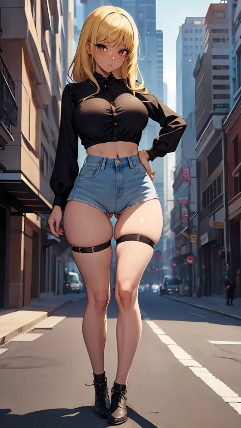 1girl, anime girl, anime, (dark skin), 2d girl, 18y, (fullbody), standing, anime girl, pensive, (blonde hair), ((black blouse)), Solo, Slim, large breasts, big , big Breasts, Tight Shorts, low waist shorts, upshorts, skyscrapers background, modern city, lo...