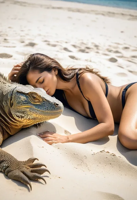 A beautiful woman with long flowing hair and a sexy body is sleeping on the white sand of the beach. A huge Komodo dragon was lying beside him quietly, as if guarding him. The warm afternoon sunlight illuminated the two of them, creating a peaceful and ser...