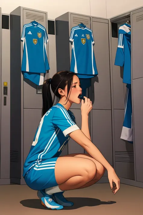 group of girls, in locker room, soccer uniform, fullbody shot, undressing, on their knees, hands on floor, mouths open, tongues ...