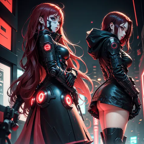 View from below, angle from below, flat horizon photo Android girl with long red hair, she has a mask on her face, a respirator, a woman with sexy hips, half cyborg modification. Beautiful face, black metal cybernetic android robot body black color, with r...