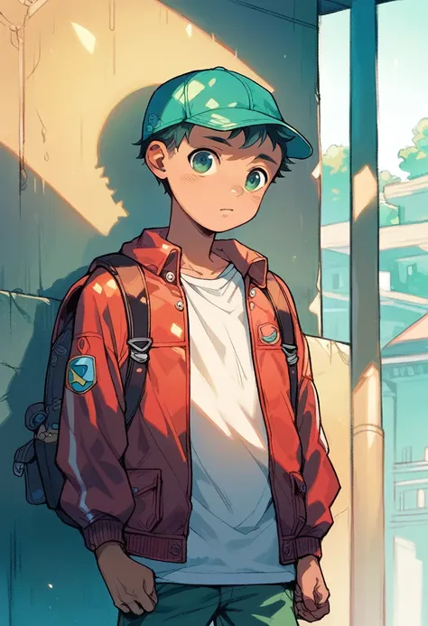 (((Masterpiece))), best quality, cowboy shot, perfect anatomy, realistic face, outdoors, sunny, warm sunlight, painterly 1boy, (((shota))), solo, red jacket, three quarter view, cap, backpack