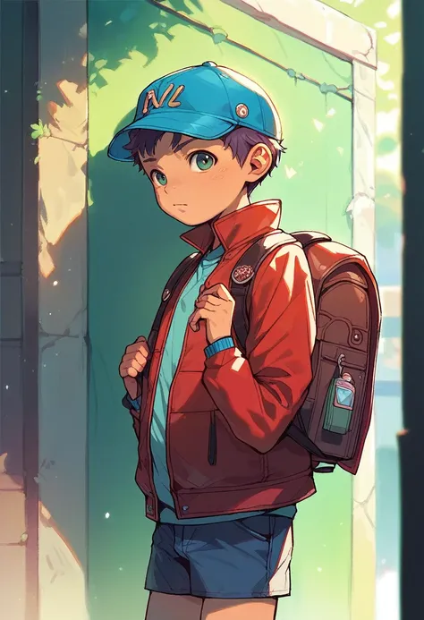 (((Masterpiece))), best quality, cowboy shot, perfect anatomy, realistic face, outdoors, sunny, warm sunlight, painterly 1boy, (((shota))), solo, red jacket, three quarter view, cap, backpack