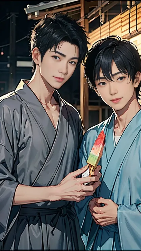 Japanese men、Black Hair、Short Hair、handsome man、30 years old、Handsome、Height: 180 cm、Wearing a gray yukata、Holding an ice lolly in his hand。Smiling and laughing、Two on the cheek、There are three drops of sweat、Eyes on the ice、Mouth open to eat ice cream、