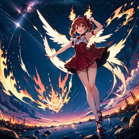 The red magical girl wearing flames was shining brightly in the midnight night sky, and smiles brilliantly with her whole body