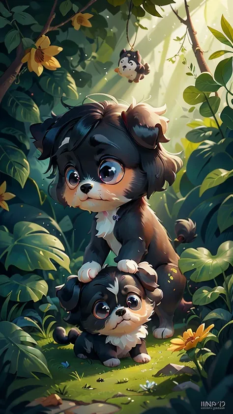 A cute little black shih tzu puppy with glowing blue eyes, playing in the woodront view, close up, Pixar cinematic style, best quality, movie stills, very cute, big eyes,  Birds and flowers around,  Rainforest,