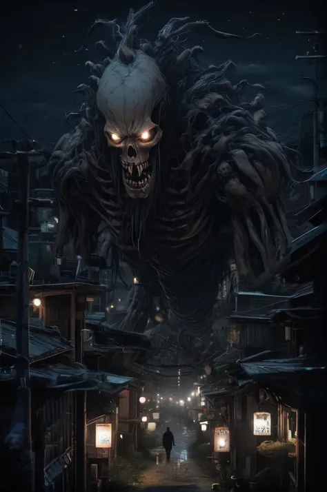 Aerial view of a small Japanese town at night、A gigantic skeletal monster with no lower body、Shallow depth of field, Vignette, Very detailed, High budget, Bokeh, CinemaScope, Sulky, amazing, nice, Film Grain, granular . Creepy, Anxious, dark, Creepyな, Susp...