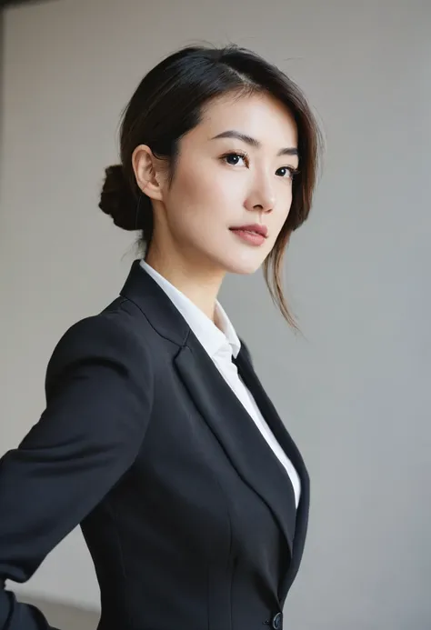 woman in a business suit tilting her head to the left