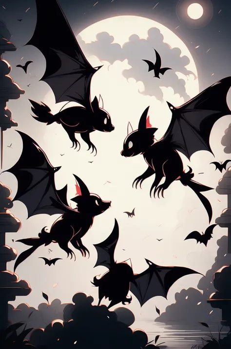 Black bats flying in the moonlight.