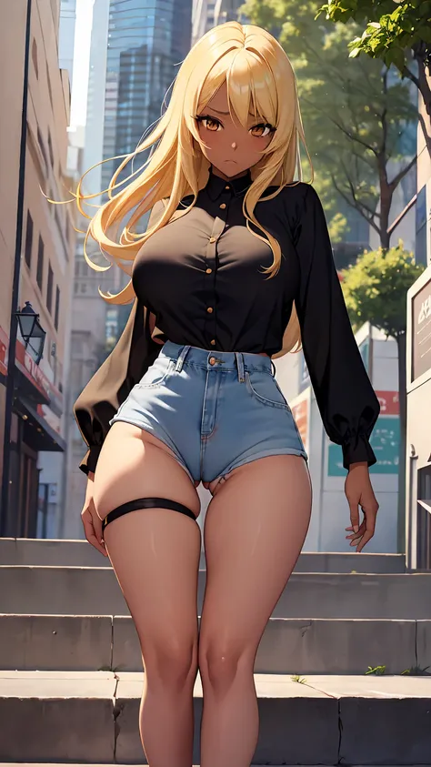 1girl, anime girl, anime, (dark skin), 2d girl, 18y, (fullbody), standing, anime girl, pensive, (blonde hair), ((black blouse)), Solo, Slim, large breasts, big , big Breasts, Tight Shorts, low waist shorts, upshorts, skyscrapers background, modern city, lo...