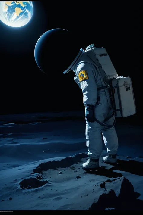 a astronaut with broken suit looking at earth from moon, standing