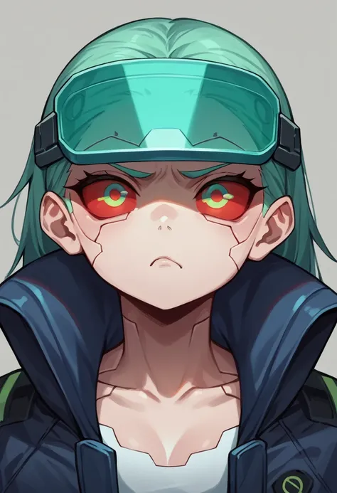 anime agent girl, cyborg, blue-iah skin, veins in face, metalic visor eyes, red sclera, serious face, dark agent xothes