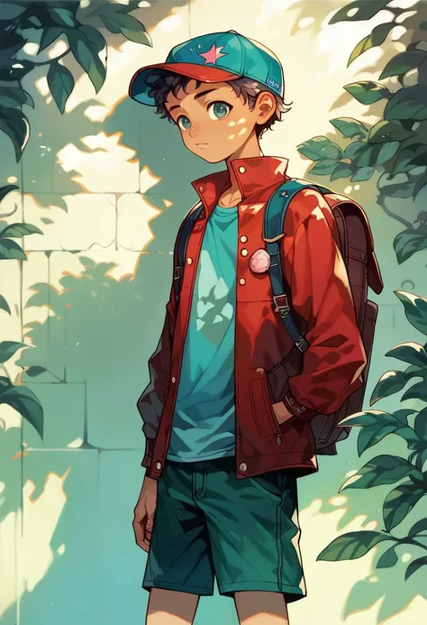 (((Masterpiece))), best quality, cowboy shot, perfect anatomy, realistic face, outdoors, sunny, warm sunlight, backlighting, painterly 1boy, (((shota))), wavy hair, solo, red jacket, three quarter view, cap, backpack, hand in pocket