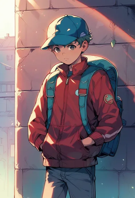 (((Masterpiece))), best quality, cowboy shot, perfect anatomy, realistic face, outdoors, sunny, warm sunlight, backlighting, painterly 1boy, (((shota))), wavy hair, solo, red jacket, three quarter view, cap, backpack, hand in pocket