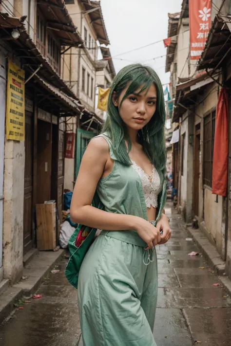 21yo girl, green hair,Old city of Bagan, background,She is wearing Myanmar Traditional outfit.longyi, slippersand hold Pathein umbrella.