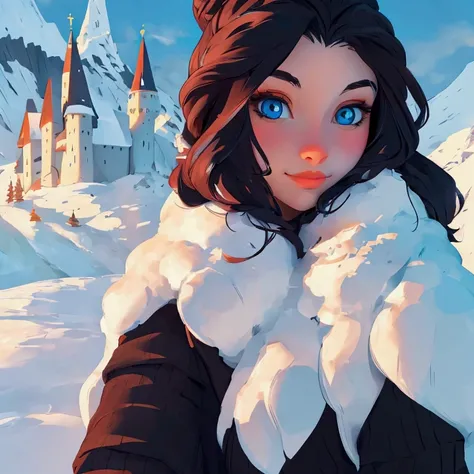 ((master piece)),best quality, illustration, dark, 1girl, In the wilderness,High mountain,Snow-capped mountains in the distance, castle, beautiful detailed eyes,  beautiful detailed hair,