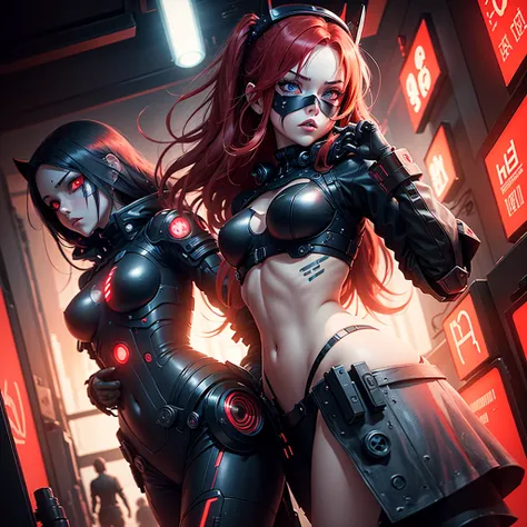 View from below, angle from below, flat horizon photo Android girl with long red hair, she has a mask on her face, a respirator, a woman with sexy hips, half cyborg modification. Beautiful face, black metal cybernetic android robot body black color, with r...