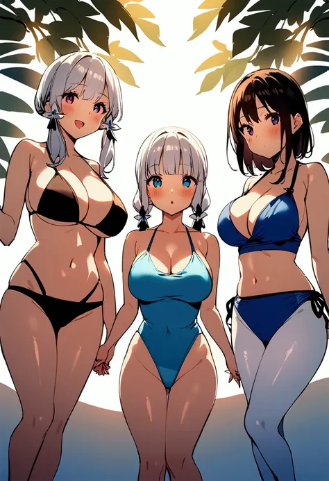 Three girls with big breasts lined up in swimsuits、Sexy Bikini、More than one person、Sunburn、small area of fabric