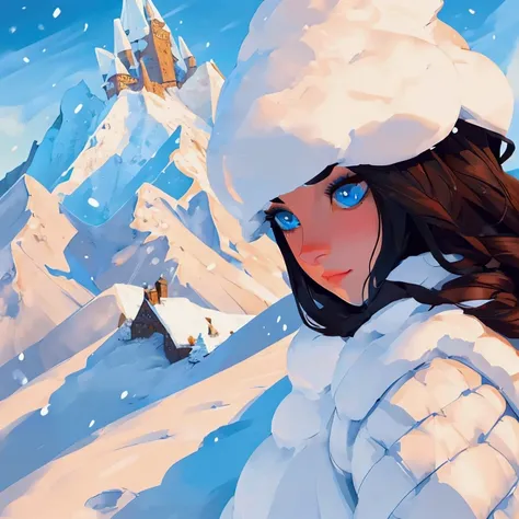 ((master piece)),best quality, illustration, dark, 1girl, In the wilderness,High mountain,Snow-capped mountains in the distance, castle, beautiful detailed eyes,  beautiful detailed hair,