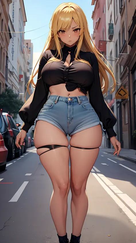 1girl, anime girl, anime, (dark skin), 2d girl, 18y, (fullbody), standing, anime girl, pensive, (blonde hair), ((black blouse)), Solo, Slim, large breasts, big , big Breasts, Tight Shorts, low waist shorts, upshorts, skyscrapers background, modern city, lo...