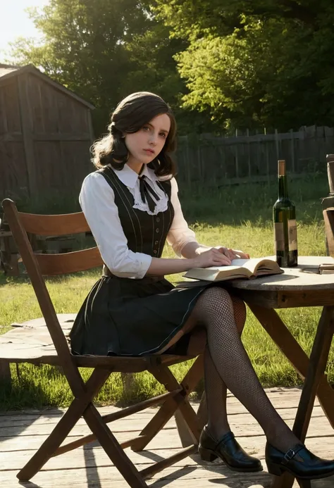 (masterpiece, best quality:1.3)
BioshockBurialElizabeth, 1girl, solo, long hair, sitting, collared shirt, belt, outdoors, black skirt, black footwear, book, chair, table, crossed legs, bottle, fishnets, desk, fishnet pantyhose,  sun shiny day 