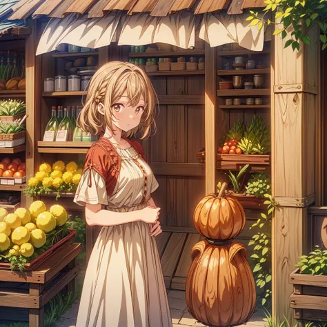 1girl,(anime coloring:1.2), best quality, looking at viewer, short wavy hair, chestnut hair, feminine,(solid Maxi dress), (Light brown color Short sleeve Maxi dress:1.3),Medieval Europe,Ancient Village,Vegetable stall,((Fantasy)),900s AD,lively square,
