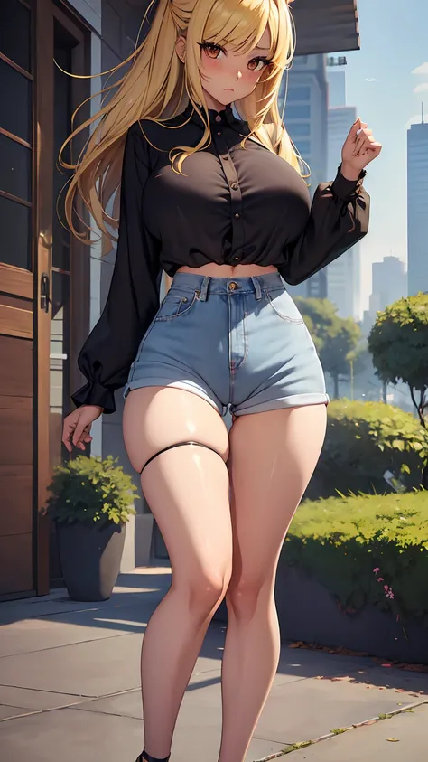 1girl, anime girl, anime, (dark skin), 2d girl, 18y, (fullbody), standing, anime girl, pensive, (blonde hair), ((black blouse)), Solo, Slim, large breasts, big , big Breasts, Tight Shorts, low waist shorts, upshorts, skyscrapers background, modern city, lo...