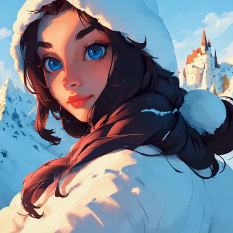 ((master piece)),best quality, illustration, dark, 1girl, In the wilderness,High mountain,Snow-capped mountains in the distance, castle, beautiful detailed eyes,  beautiful detailed hair,