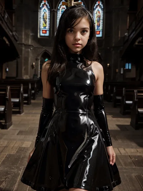 tween girl wearing a ((black shiny)) strapless (((latex dress)),  in a church,