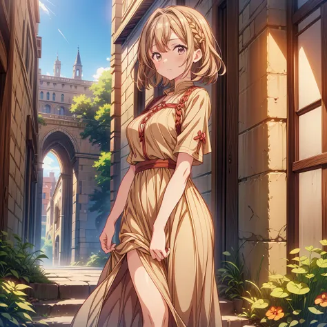 1girl,(anime coloring:1.2), best quality, looking at viewer, short wavy hair, chestnut hair, feminine,(solid Maxi dress), (Light brown color Short sleeve Maxi dress:1.3),Medieval Europe,Ancient Village,((Fantasy)),900s AD,lively square,