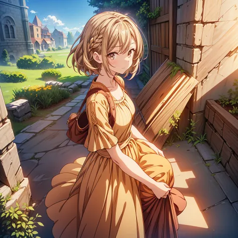 1girl,(anime coloring:1.2), best quality, looking at viewer, short wavy hair, chestnut hair, feminine,(solid Maxi dress), (Light brown color Short sleeve Maxi dress:1.3),Medieval Europe,Ancient Village,((Fantasy)),900s AD,lively square,