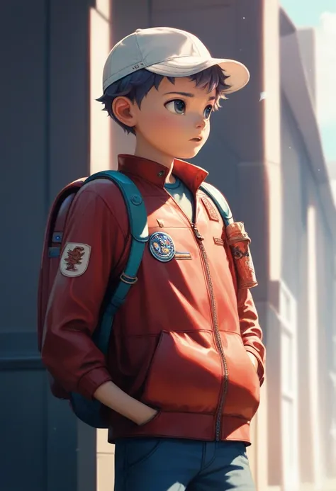 (((Masterpiece))), best quality, best quality, cowboy shot, perfect anatomy, realistic face, outdoors, sunny, warm sunlight, backlighting, dramatic lighting, painterly 1boy, (((shota))), wavy hair, solo, red jacket, three quarter view, cap, backpack, hand ...