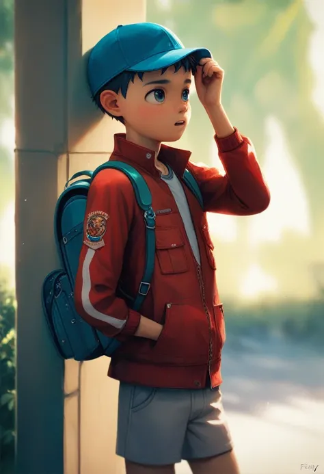 (((Masterpiece))), best quality, best quality, cowboy shot, perfect anatomy, realistic face, outdoors, sunny, warm sunlight, backlighting, dramatic lighting, painterly 1boy, (((shota))), wavy hair, solo, red jacket, three quarter view, cap, backpack, hand ...