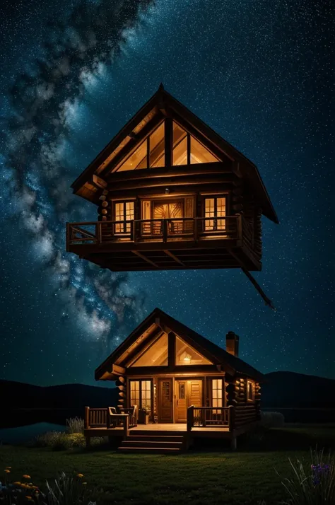 a cabin in a spiritual dimension, person floating in the starry sky, heavenly energy aura, ultra detailed, 8k, Hyper realistic, dramatic lighting, cinematographic, epic, mesmerizing, dreamlike, bright, ethereal, sereno, tranquil, mystic, from another world