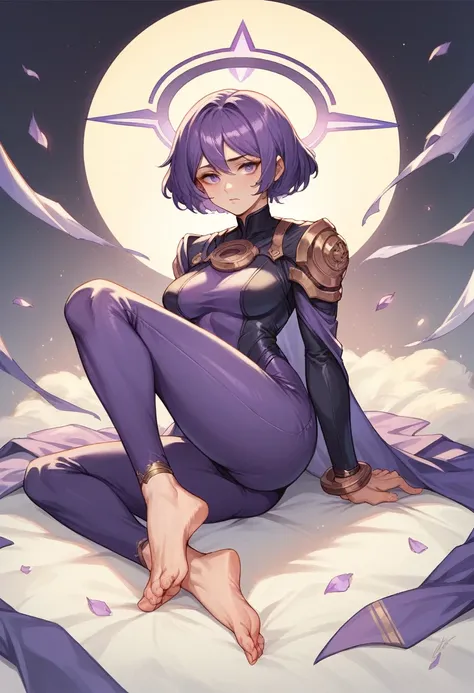 1 girl, goddess(gallant, purple short hair, deep purple suit, bad mood), barefoot, halo,