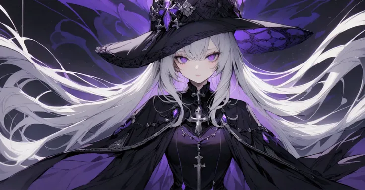 A thin white woman, with long silvery white hair, purples eyes, black outfit with silver cross details, black and purple cover, hat with long brim black and purple