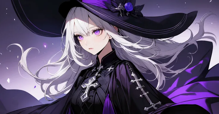 A thin white woman, with long silvery white hair, purples eyes, black outfit with silver cross details, black and purple cover, hat with long brim black and purple