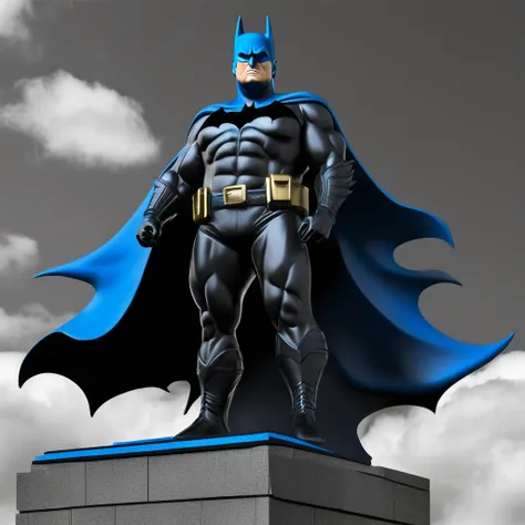 I want a stoic black and blue Donald Trump sculpture with a black and white background. The image should focus on Donald Trump Batman costume. Must be a full body sculpture with walls or buildings in the background..