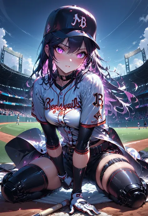 Young and beautiful woman,(Highest quality,Extremely detailed depiction,Incredible high resolution,Anatomically accurate depiction,software),(Glowing Skin,Glowing Skin),baseball player,Baseball uniforms,baseball pants,Baseball cap,gloves,悔しさからOn the mound泣...