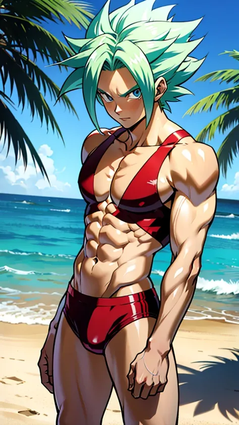 アニメ cel-shading Kefla, blue eyes, neon green hair, red bikini, on the beach in ((anime + manga + comics + cartoon) style) 