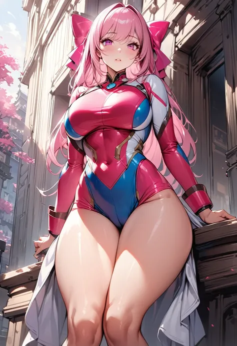 One young and beautiful woman,(Highest quality,Extremely detailed depiction,Incredible high resolution,Anatomically accurate depiction,A face with attention to detail, Eye on the details,Perfect body,Two curvaceous legs),(Sentai Heroine pink),Sentai Heroin...