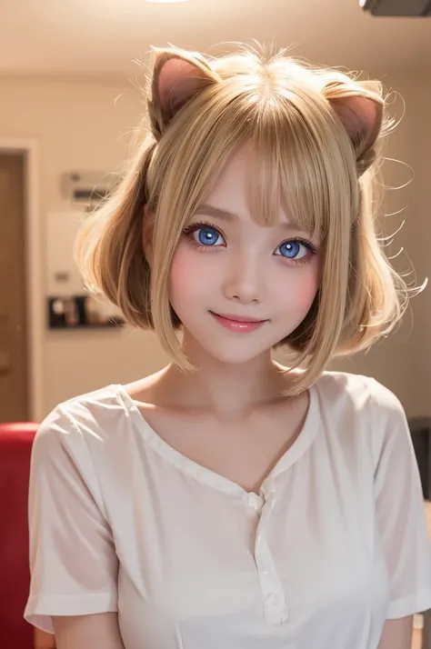 One girl、A little sexy、Blonde、Bobcut,Curly Hair、Dog ears、Red sparkling eyes、detailed cute eyes,(glowing eyes:1.4),laugh heartily,((Droopy eyes))、22 years old,nurses outfit,posing,skinny body shape,short of a person,heart shaped pupils,smiling,open mouth,fl...