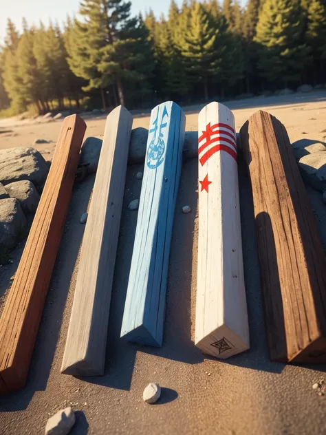 Four little flags fixed on the ground, white, blue, red and golden, with magic runes engraved on them, wooden pole